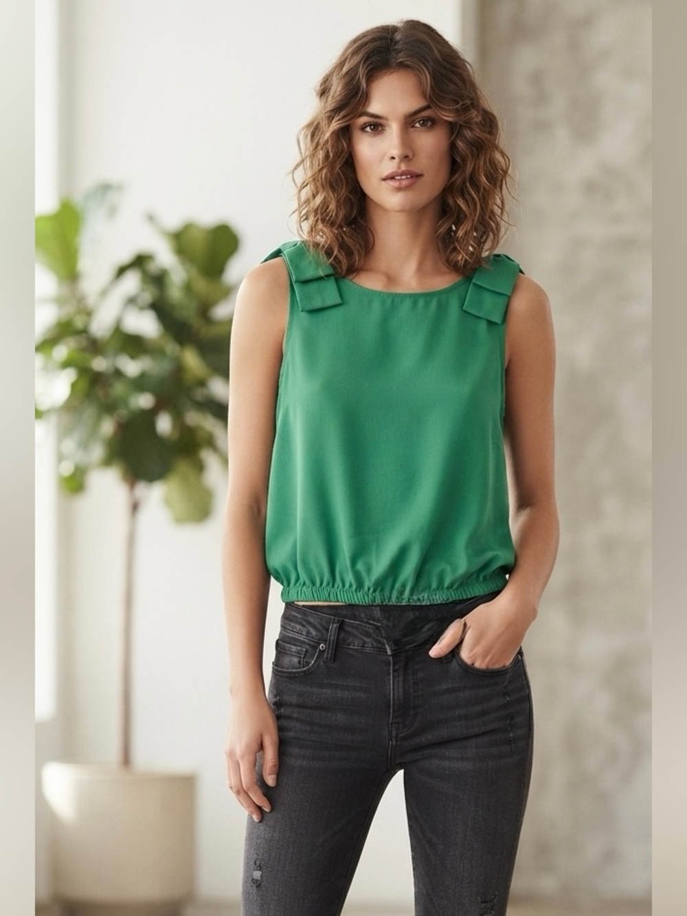 Zara Green Bow-Shoulder Sleeveless Camisole